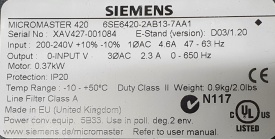 Siemens Micromaster 420  0.37 kw  XAV427-001084