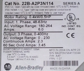 Allen Bradley Powerflex 40  0.4kw. BA2P3N1W4170044