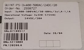 Phoenix Contact 2938727 Quint PS-3x400-500AC/24DC/20 20A