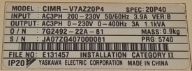 Omron Varispeed V7 0,4kW JA07ZG407000081