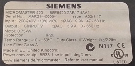 Siemens Micromaster 420 0,75kW XAR214-000841