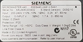 Siemens Micromaster 440  0.25 kw XAU908.003432